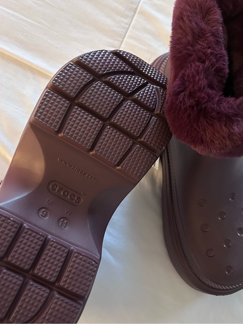 CROCS Women's Faux-Fur Cuffed Booties in Burgundy - Picture 6 of 7